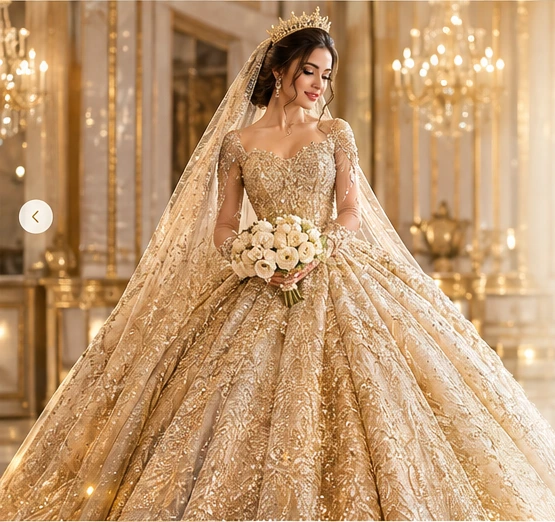 عروس ترتدي فستان زفاف ذهبي فاخر